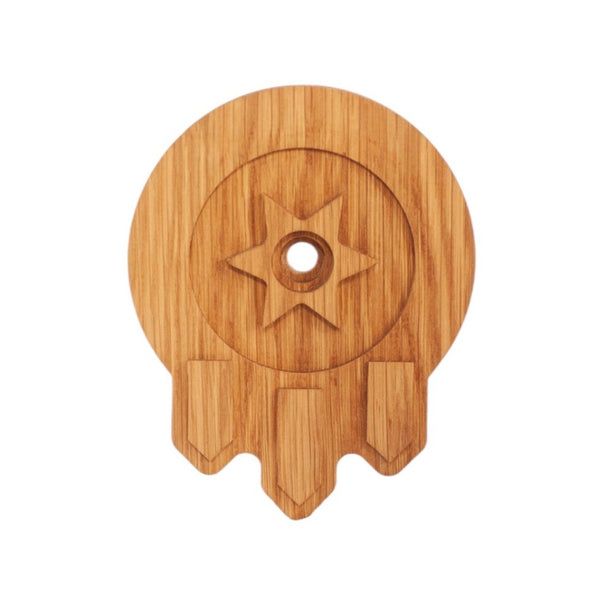 Tulsa flag whiskey and cocktail smoker in white oak, front view with star and shield design