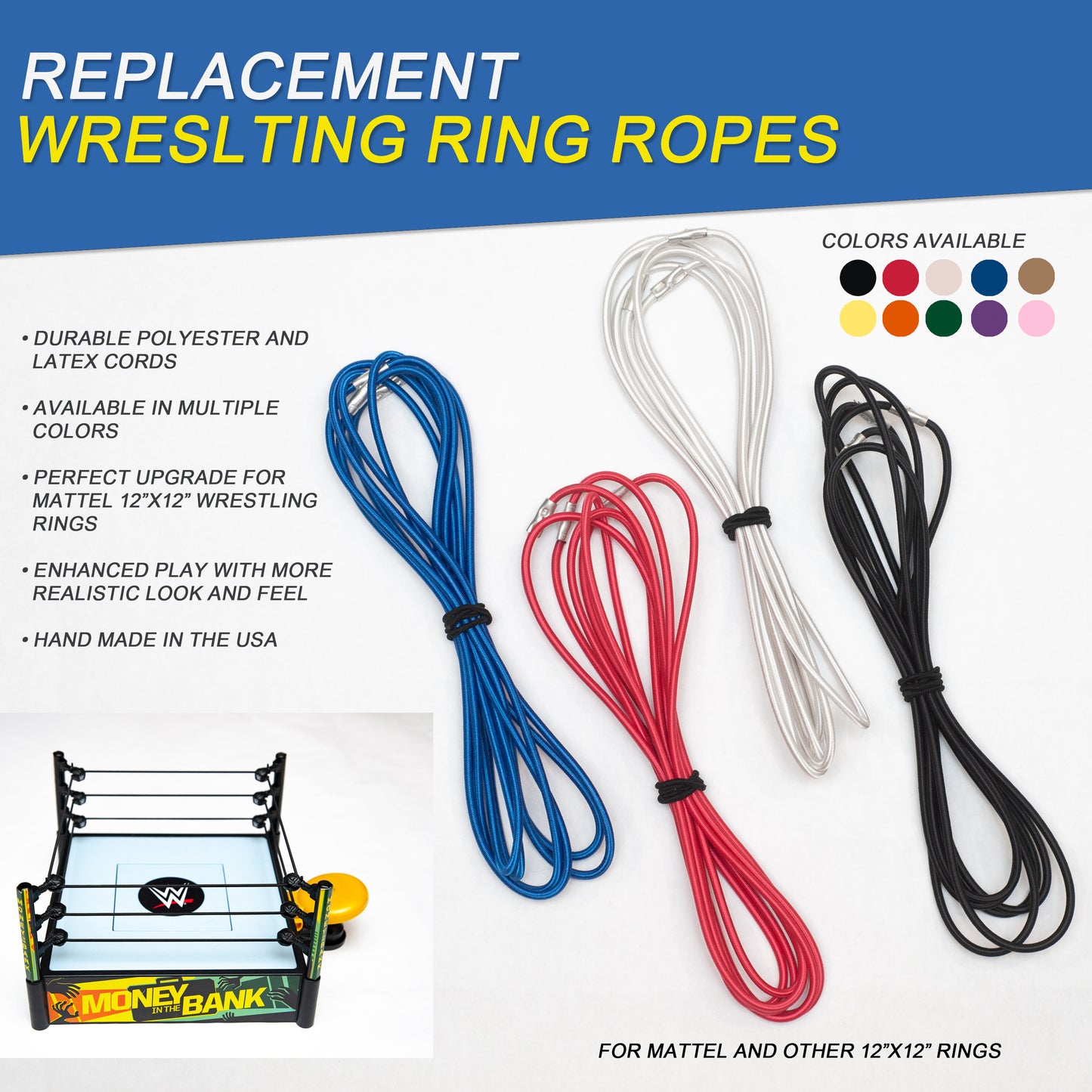 Premium Upgrade Replacement Ropes for Kids Toy Wrestling Ring (Mattel 12” x 12”) 1 set of 3 Ropes
