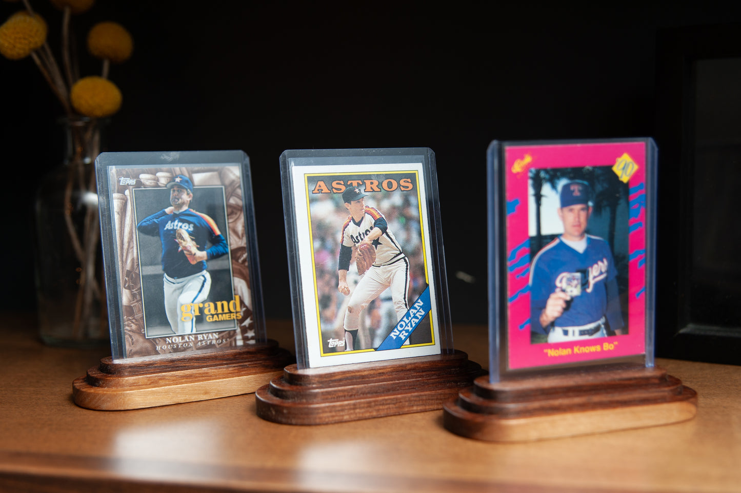 Trading Card Display Stand –  Walnut or Maple Solid Wood – Fits Top Loader Cases