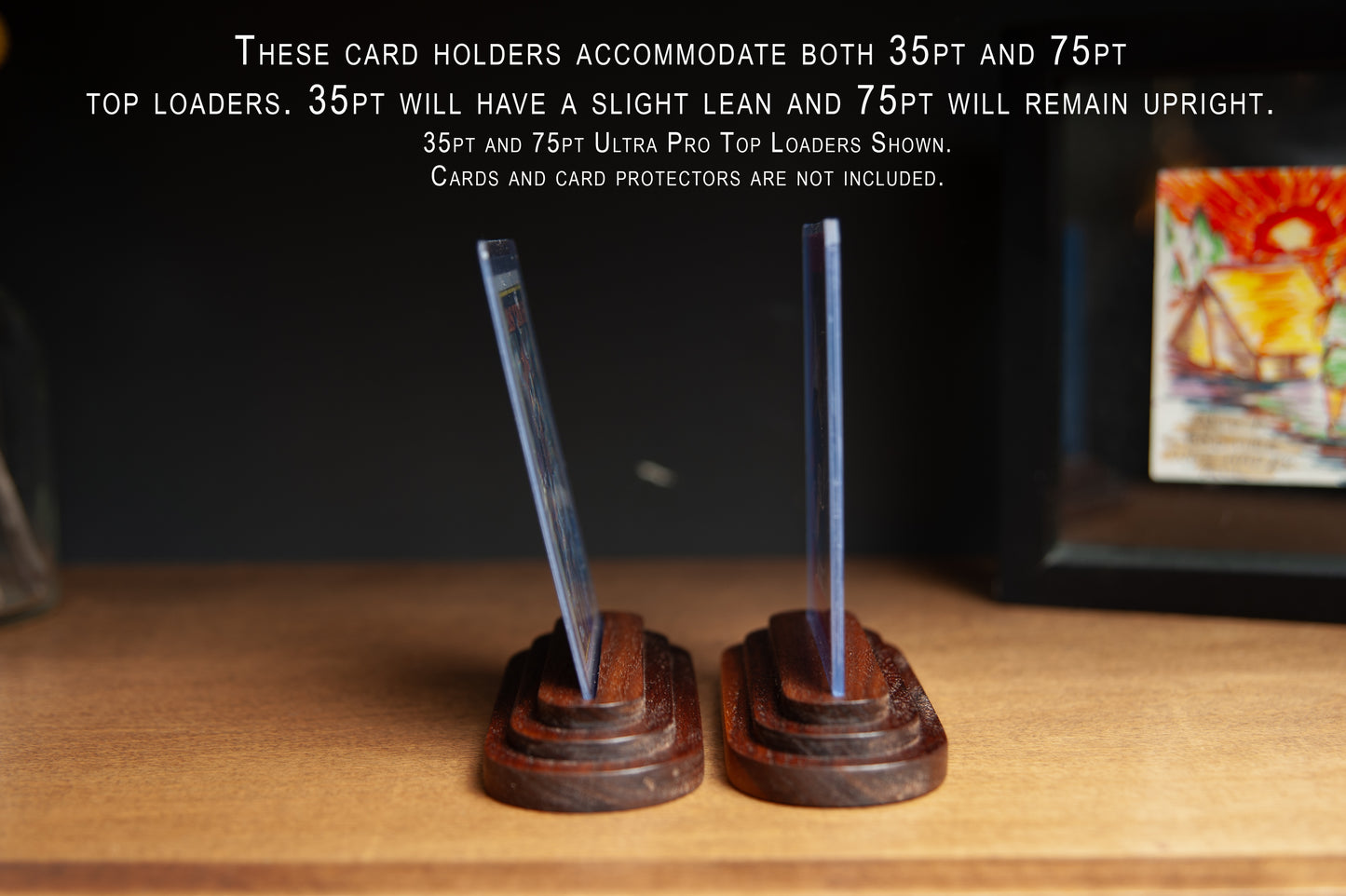 Trading Card Display Stand –  Walnut or Maple Solid Wood – Fits Top Loader Cases